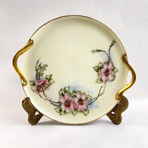 Antique P.S. Germany Hand-Painted Porcelain Plate Pink Floral Gold Trim Signed